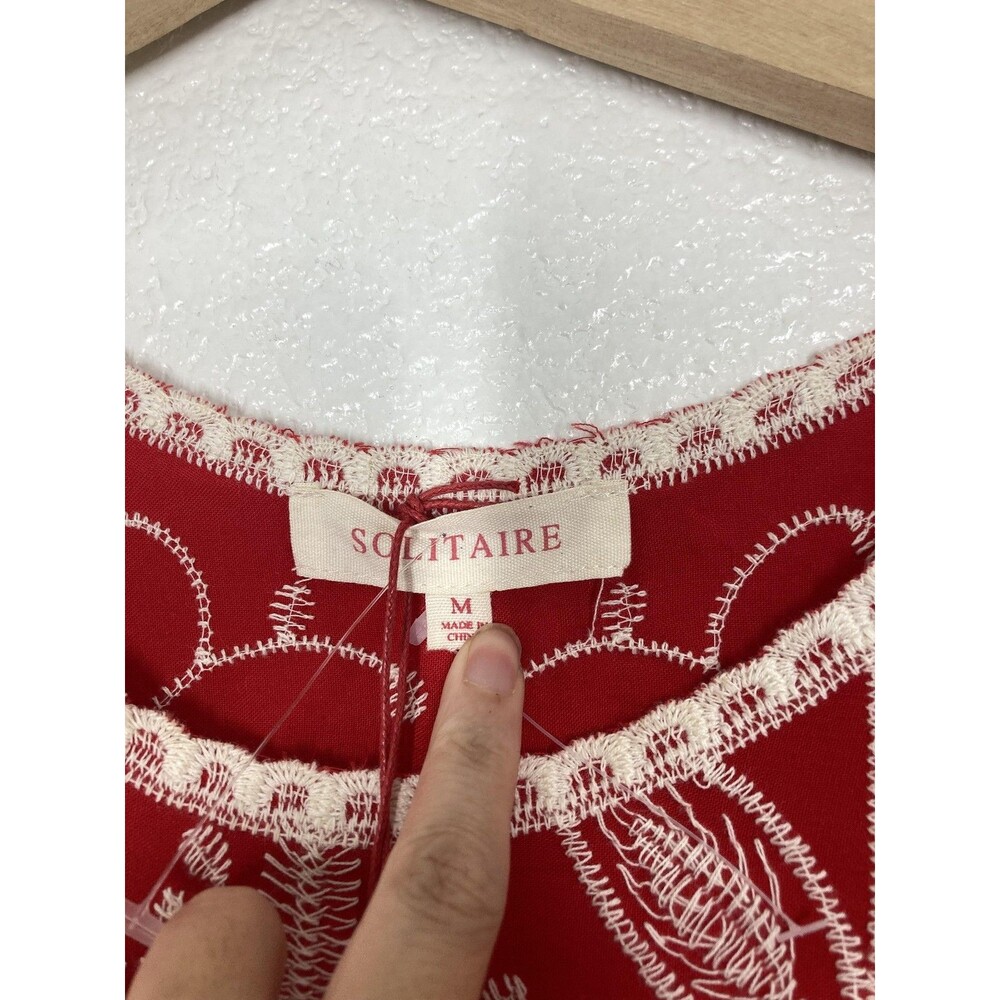Solitaire Blouse Womens Medium Red Floral Embroidered Ruffle Flutter Top Boho - Picture 10 of 16